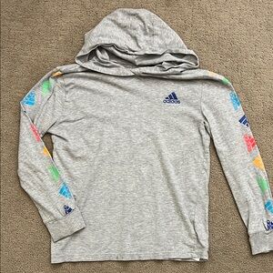 Adidas Kids Gray Long Sleeve Hoodie with Colorful Sleeve Patterns